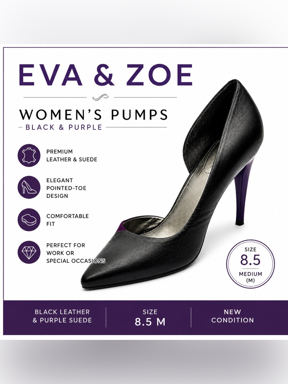 Eva & Zoe Black Purple Leather Suede Pumps Size 8.5M New